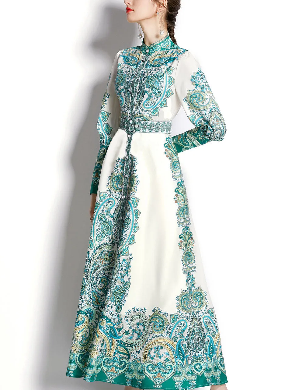 Pink Flower High Neck Floral Print Lantern Sleeve Bohemian Dress Maxi Dress