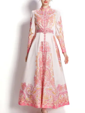 Pink Flower High Neck Floral Print Lantern Sleeve Bohemian Dress Maxi Dress