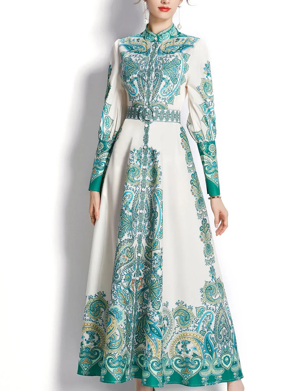Pink Flower High Neck Floral Print Lantern Sleeve Bohemian Dress Maxi Dress