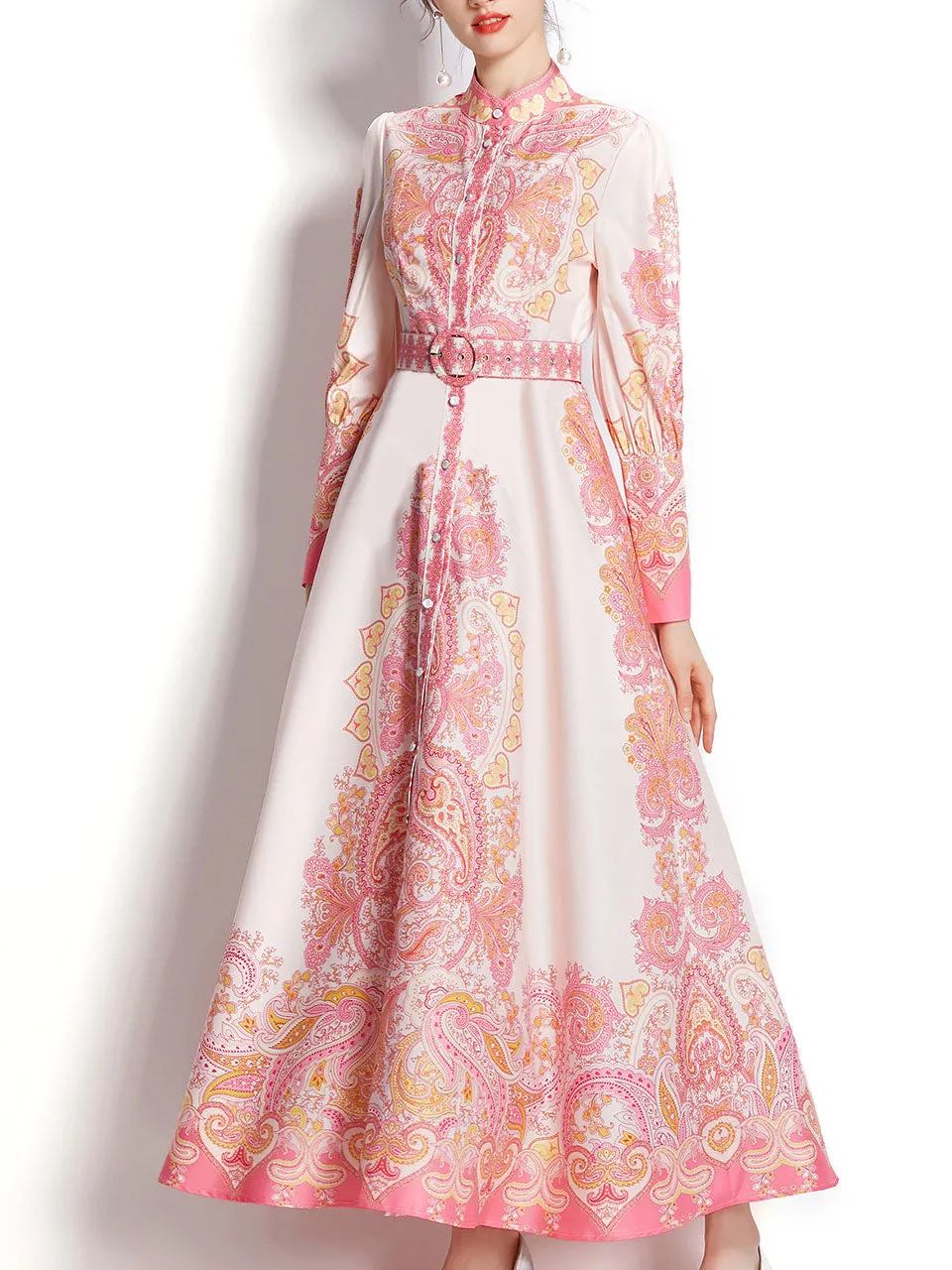 Pink Flower High Neck Floral Print Lantern Sleeve Bohemian Dress Maxi Dress