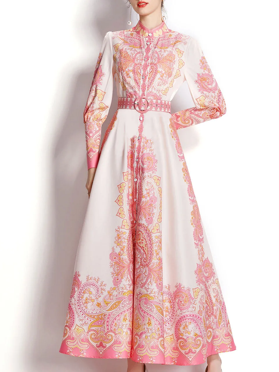 Pink Flower High Neck Floral Print Lantern Sleeve Bohemian Dress Maxi Dress