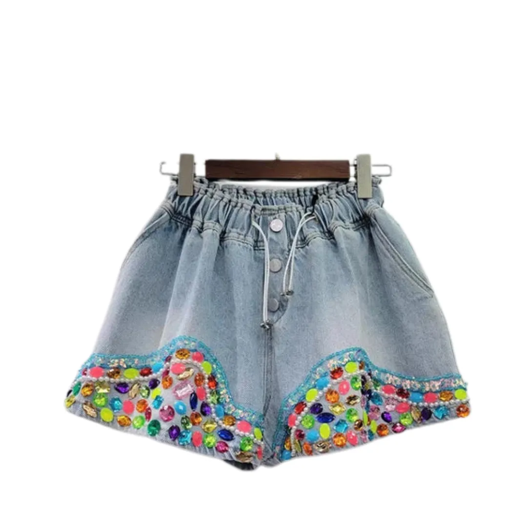 Pre Order:  Colorful Diamond High Waist Wide Leg Denim Shorts