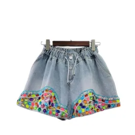 Pre Order:  Colorful Diamond High Waist Wide Leg Denim Shorts