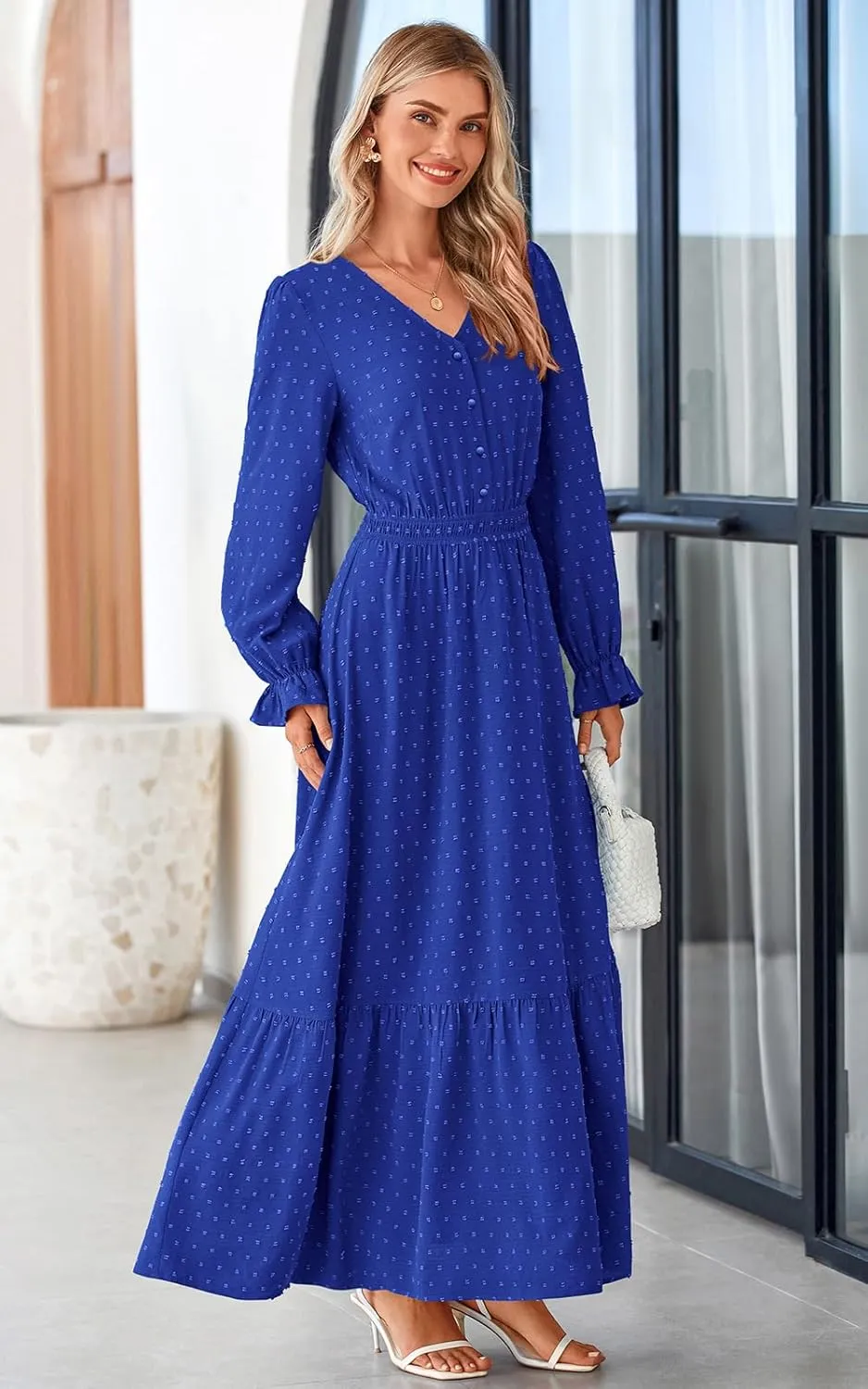 PRETTYGARDEN Women's Fall Maxi Dress 2024 V Neck Button Long Sleeve Swiss Dot High Waist Tiered Smocked Flowy Long Dresses