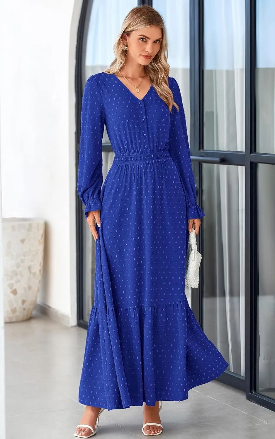 PRETTYGARDEN Women's Fall Maxi Dress 2024 V Neck Button Long Sleeve Swiss Dot High Waist Tiered Smocked Flowy Long Dresses