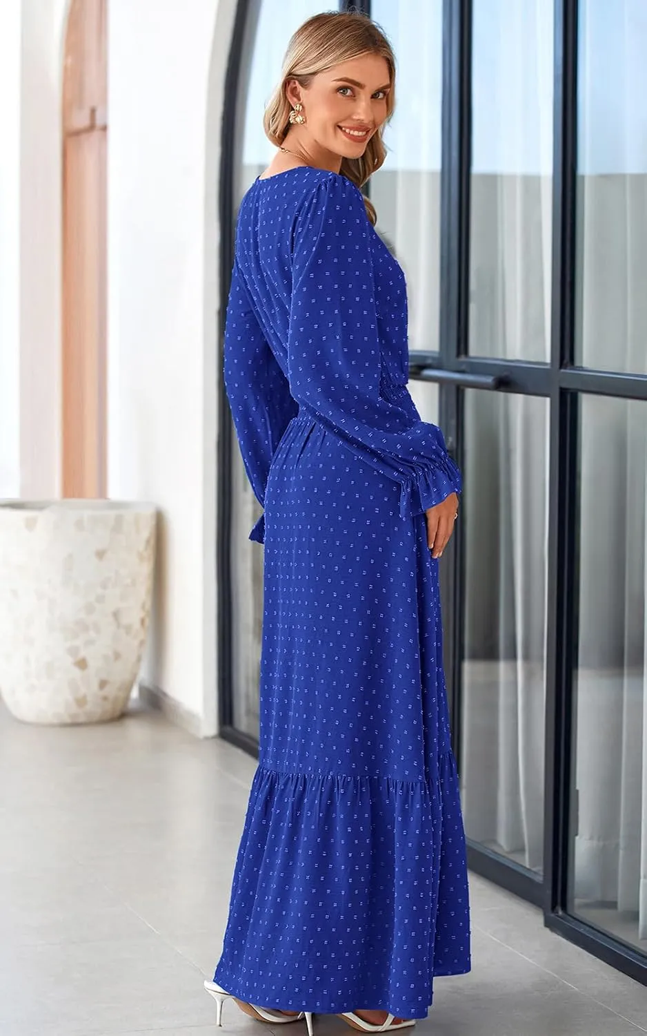 PRETTYGARDEN Women's Fall Maxi Dress 2024 V Neck Button Long Sleeve Swiss Dot High Waist Tiered Smocked Flowy Long Dresses