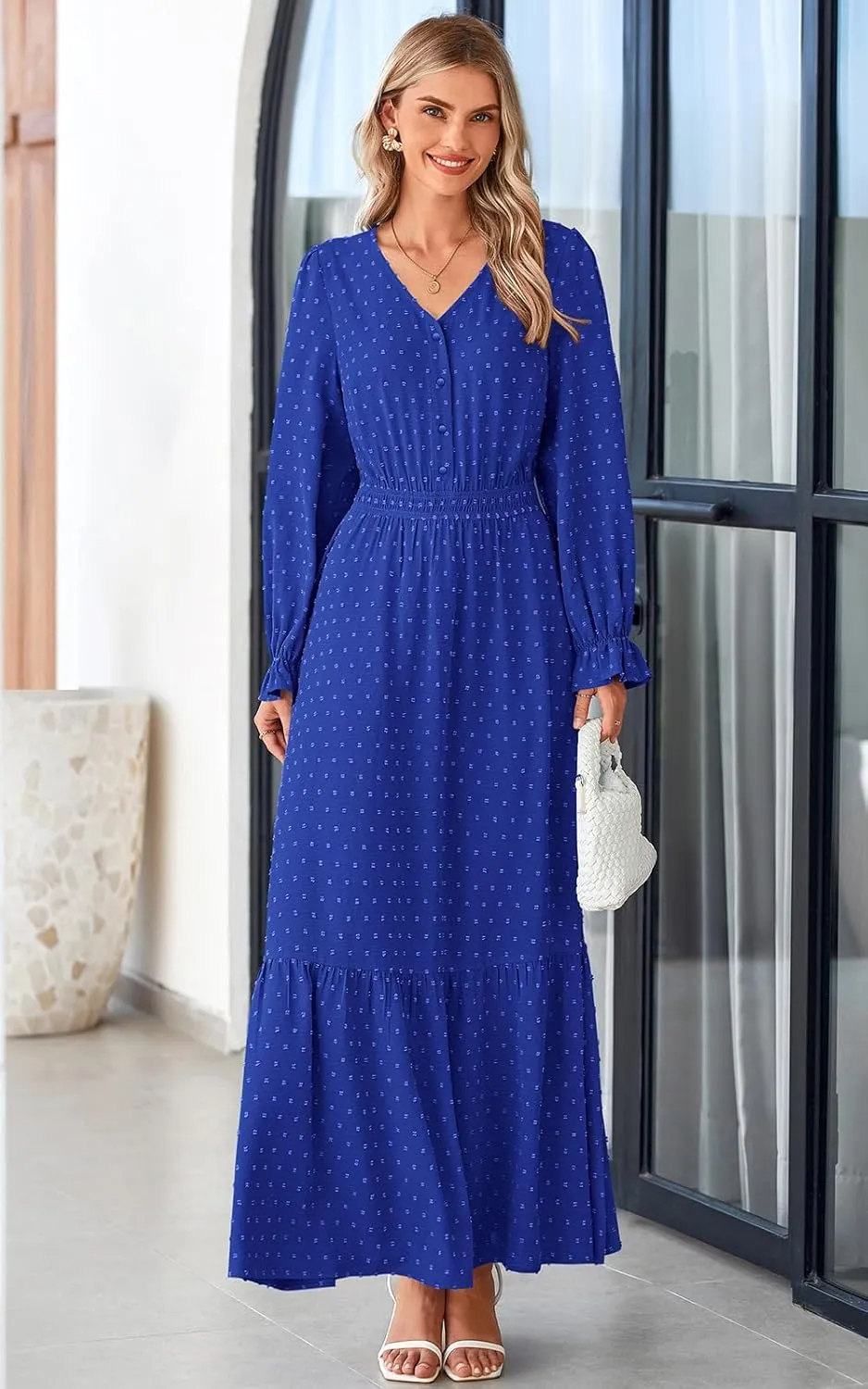 PRETTYGARDEN Women's Fall Maxi Dress 2024 V Neck Button Long Sleeve Swiss Dot High Waist Tiered Smocked Flowy Long Dresses