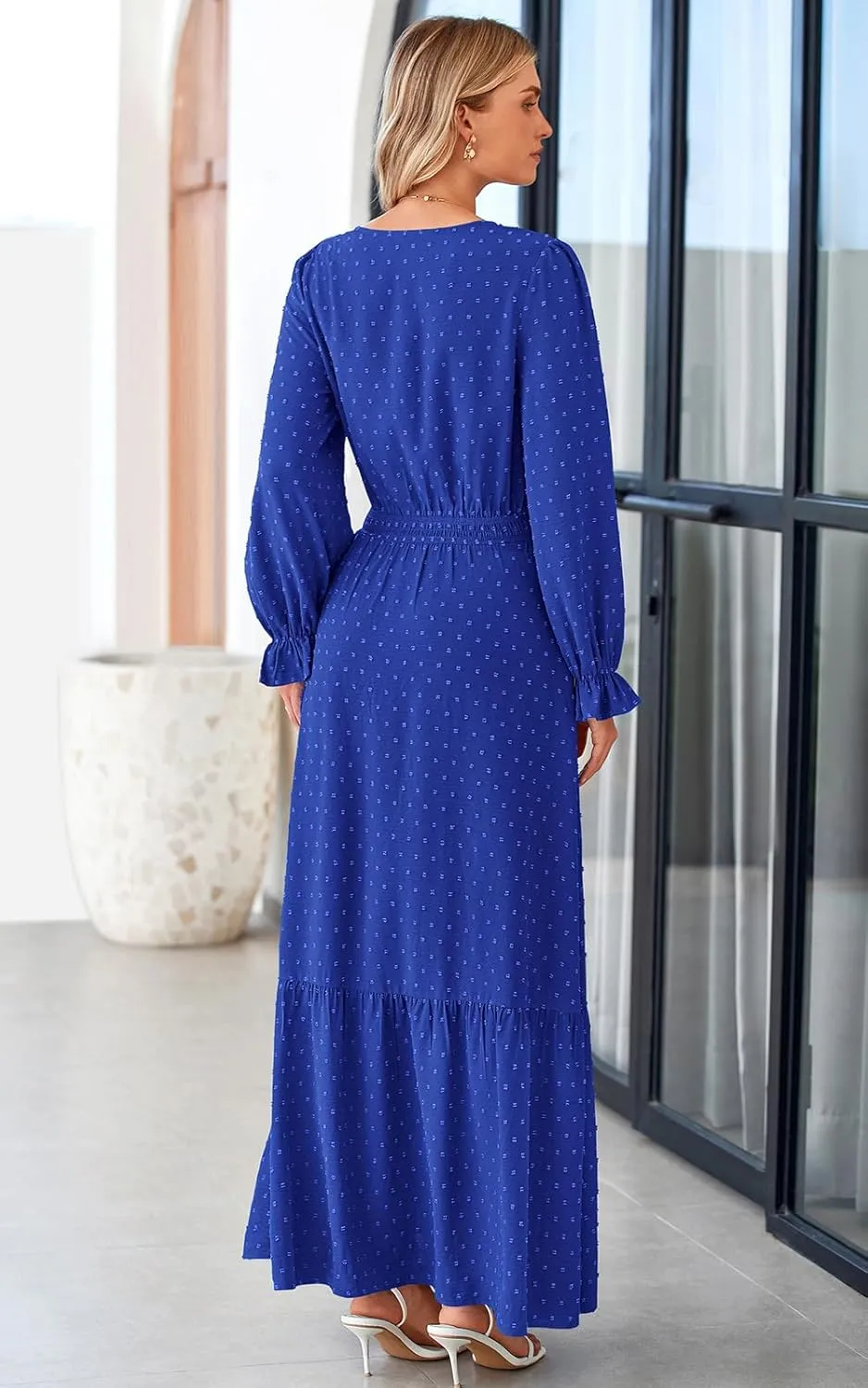 PRETTYGARDEN Women's Fall Maxi Dress 2024 V Neck Button Long Sleeve Swiss Dot High Waist Tiered Smocked Flowy Long Dresses