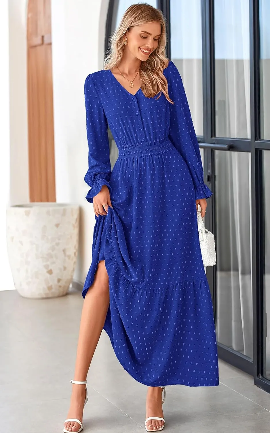 PRETTYGARDEN Women's Fall Maxi Dress 2024 V Neck Button Long Sleeve Swiss Dot High Waist Tiered Smocked Flowy Long Dresses