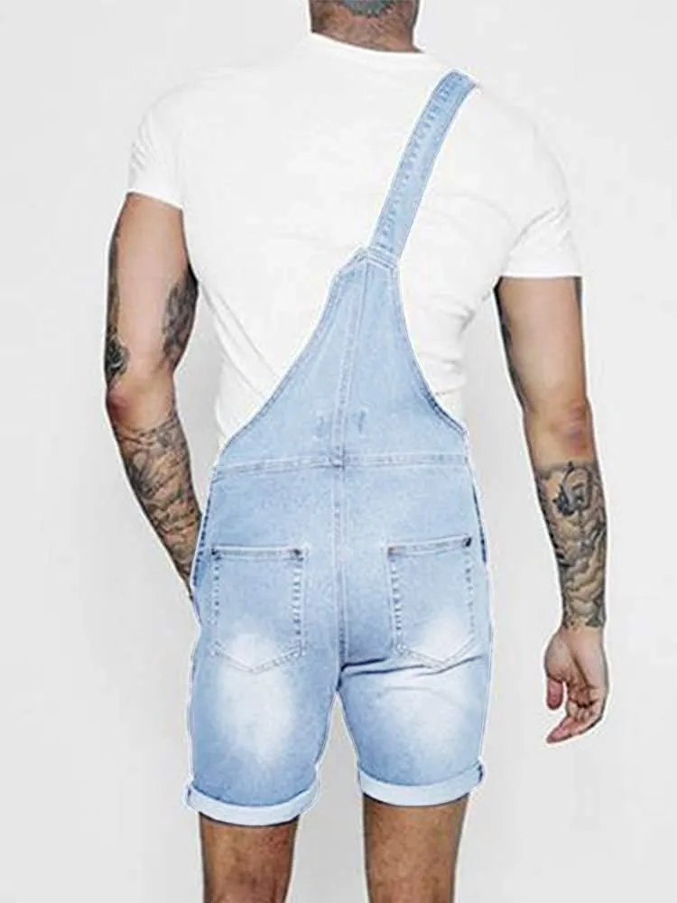Runcati Mens Denim Shorts Bib Overall Jean Romper Casual Loose Fit Walkshort Button Pockets Summer Jumpersuit