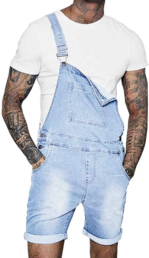 Runcati Mens Denim Shorts Bib Overall Jean Romper Casual Loose Fit Walkshort Button Pockets Summer Jumpersuit