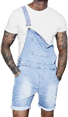 Runcati Mens Denim Shorts Bib Overall Jean Romper Casual Loose Fit Walkshort Button Pockets Summer Jumpersuit