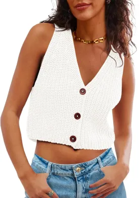 Saodimallsu Womens Cropped Sweater Vest V Neck Button Down Y2k Crop Knit Summer Trendy Sleeveless Chunky Tank Tops