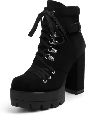 Susanny Sexy High Heels for Women Boots Round Toe Platform Booties Lace Up Suede Side Zipper Ankle Bootie