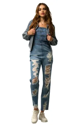 TEEK - MEDIUM WASH HEAVY DISTRESSED STRAIGHT FIT OVERALLS