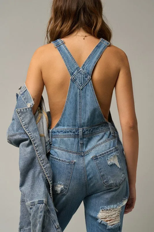 TEEK - MEDIUM WASH HEAVY DISTRESSED STRAIGHT FIT OVERALLS
