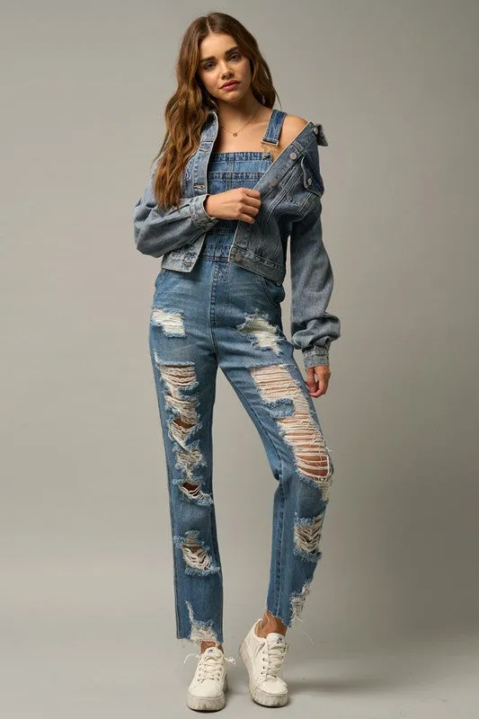 TEEK - MEDIUM WASH HEAVY DISTRESSED STRAIGHT FIT OVERALLS