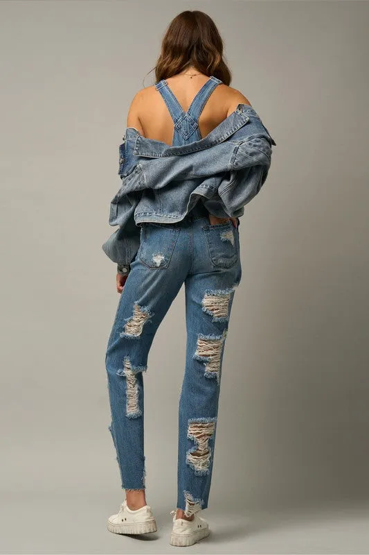 TEEK - MEDIUM WASH HEAVY DISTRESSED STRAIGHT FIT OVERALLS
