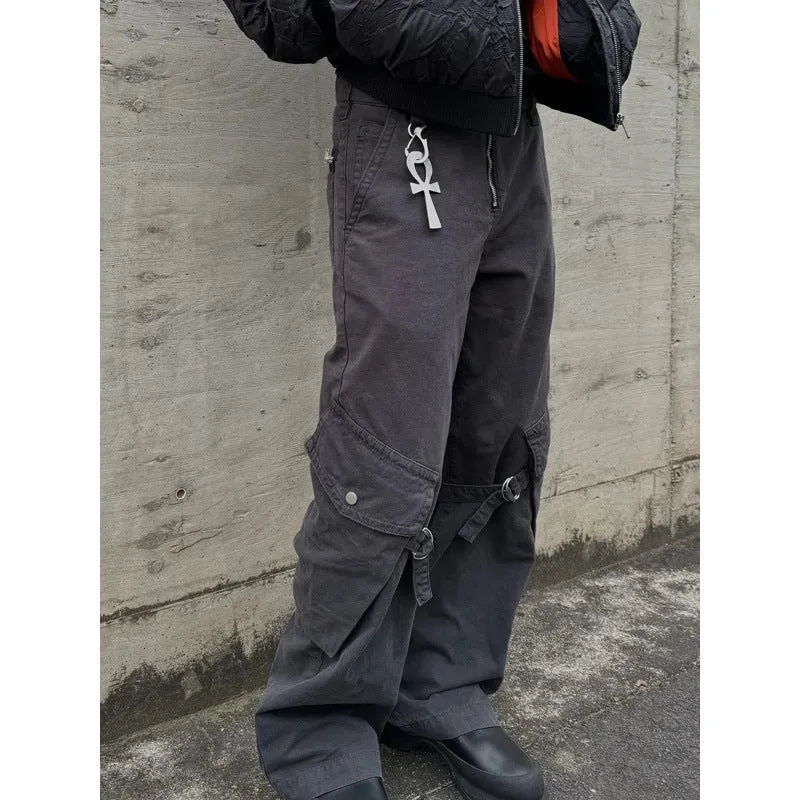 Toleet Winter Y2K Men's Street Style Outfits Pocket Lace-up Pants Loose Bullet Pants Casual Curved Knife Overalls Men