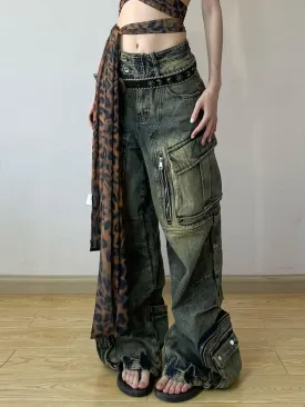 Toleet y2k outfits American Retro plus Size Washed Multi-Pocket Workwear Jeans Women's Street Heavy Work Straight Drop Pants