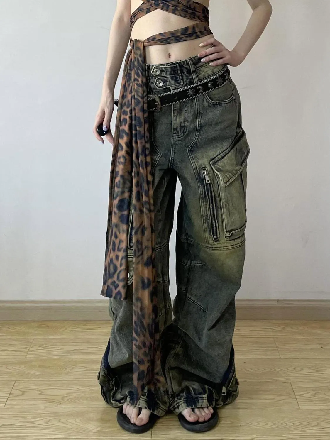 Toleet y2k outfits American Retro plus Size Washed Multi-Pocket Workwear Jeans Women's Street Heavy Work Straight Drop Pants