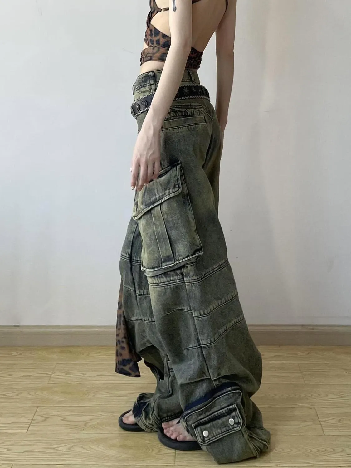 Toleet y2k outfits American Retro plus Size Washed Multi-Pocket Workwear Jeans Women's Street Heavy Work Straight Drop Pants