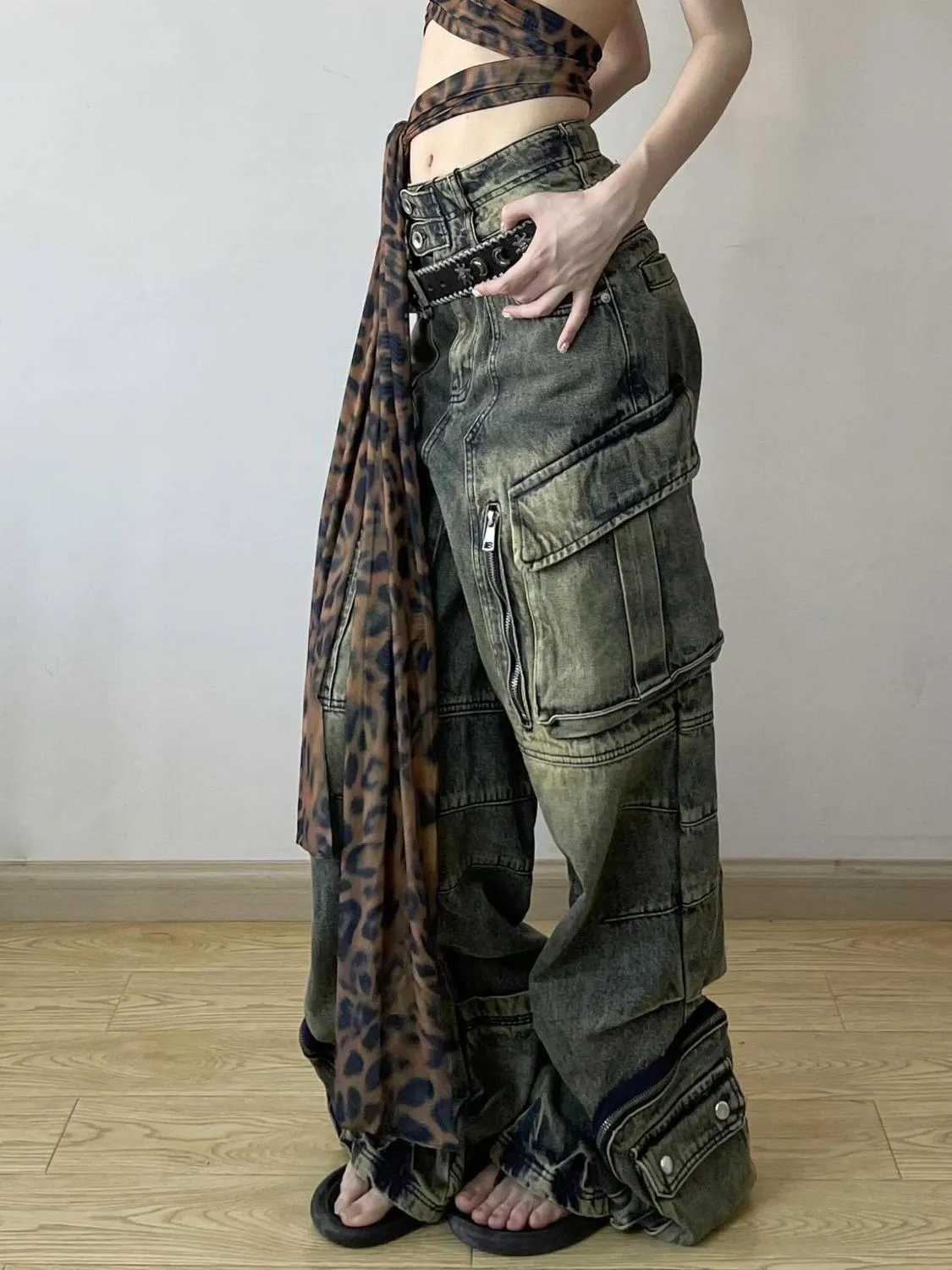 Toleet y2k outfits American Retro plus Size Washed Multi-Pocket Workwear Jeans Women's Street Heavy Work Straight Drop Pants