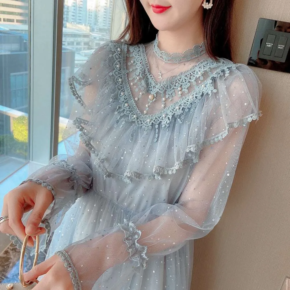 Tulle Dress Stand Collar Beading Tassels Ruffles Long Sleeve Mesh Dress Cute Mid Dress Vestidos