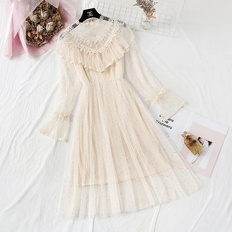 Tulle Dress Stand Collar Beading Tassels Ruffles Long Sleeve Mesh Dress Cute Mid Dress Vestidos