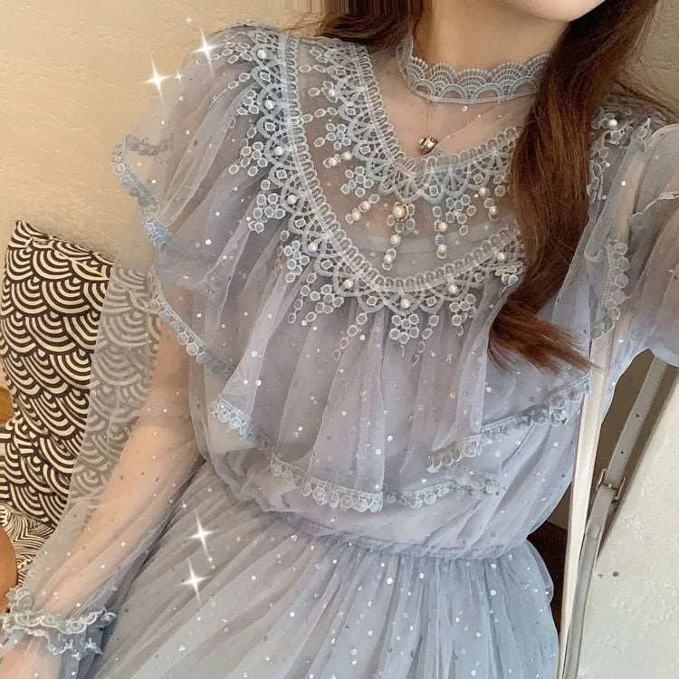 Tulle Dress Stand Collar Beading Tassels Ruffles Long Sleeve Mesh Dress Cute Mid Dress Vestidos
