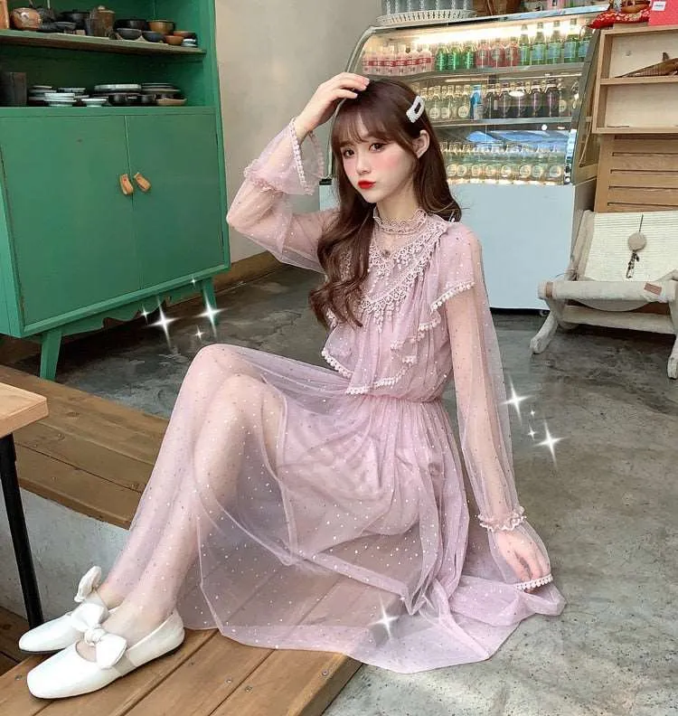 Tulle Dress Stand Collar Beading Tassels Ruffles Long Sleeve Mesh Dress Cute Mid Dress Vestidos