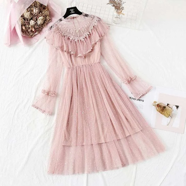 Tulle Dress Stand Collar Beading Tassels Ruffles Long Sleeve Mesh Dress Cute Mid Dress Vestidos