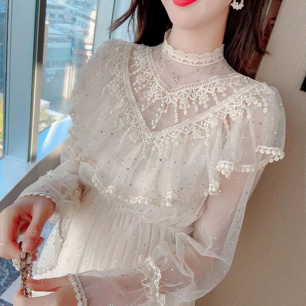 Tulle Dress Stand Collar Beading Tassels Ruffles Long Sleeve Mesh Dress Cute Mid Dress Vestidos