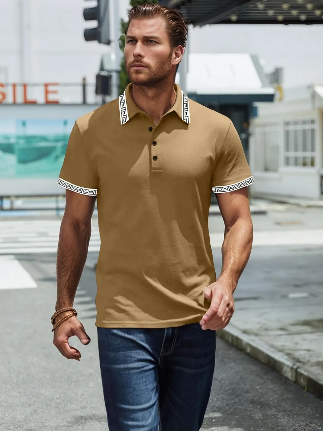 UOUA Mens Casual Polo Shirts Classic Short Sleeve Collared T Shirt Button Golf Slim Fit Tee Tops