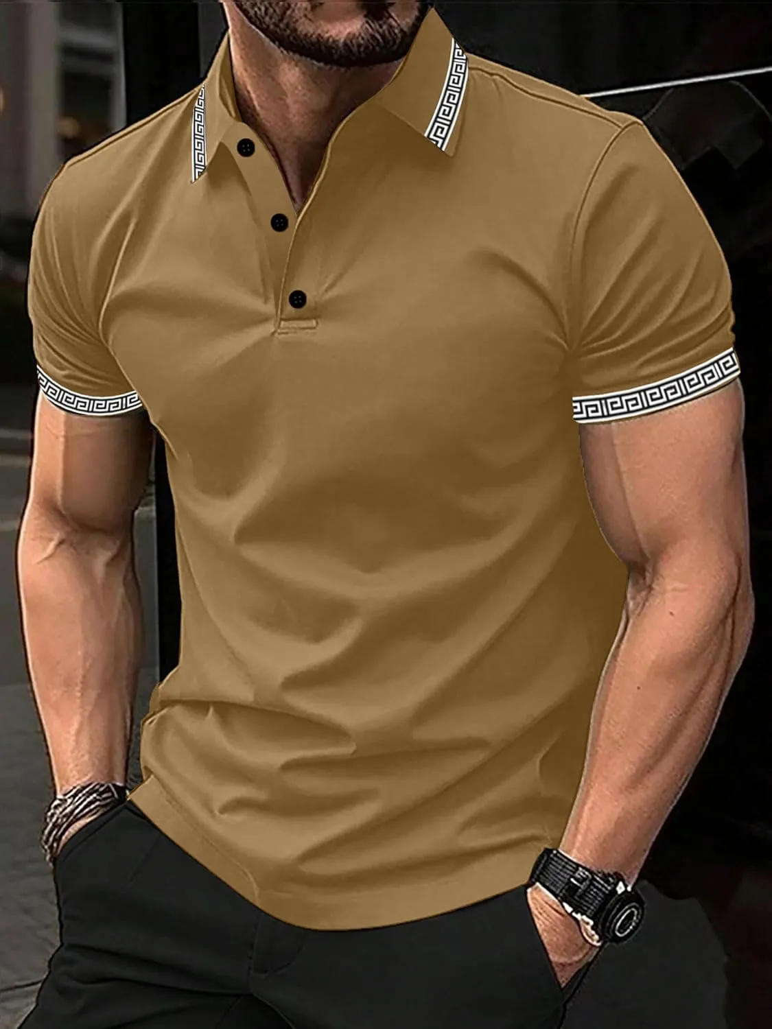 UOUA Mens Casual Polo Shirts Classic Short Sleeve Collared T Shirt Button Golf Slim Fit Tee Tops