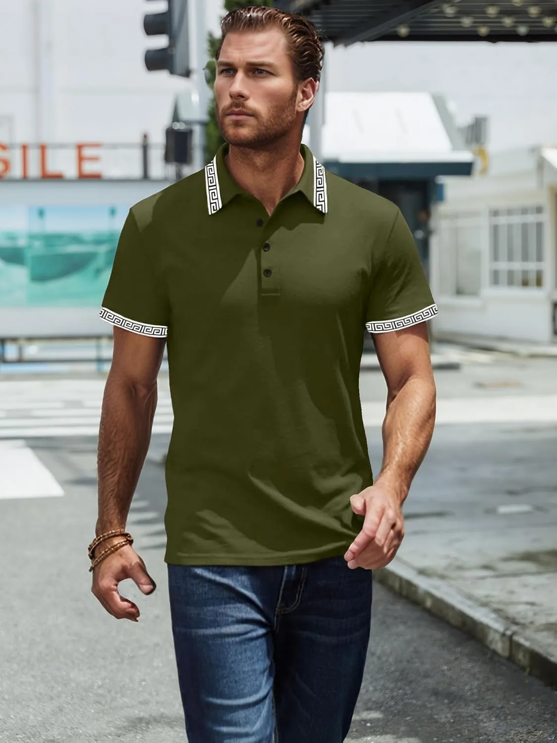 UOUA Mens Casual Polo Shirts Classic Short Sleeve Collared T Shirt Button Golf Slim Fit Tee Tops