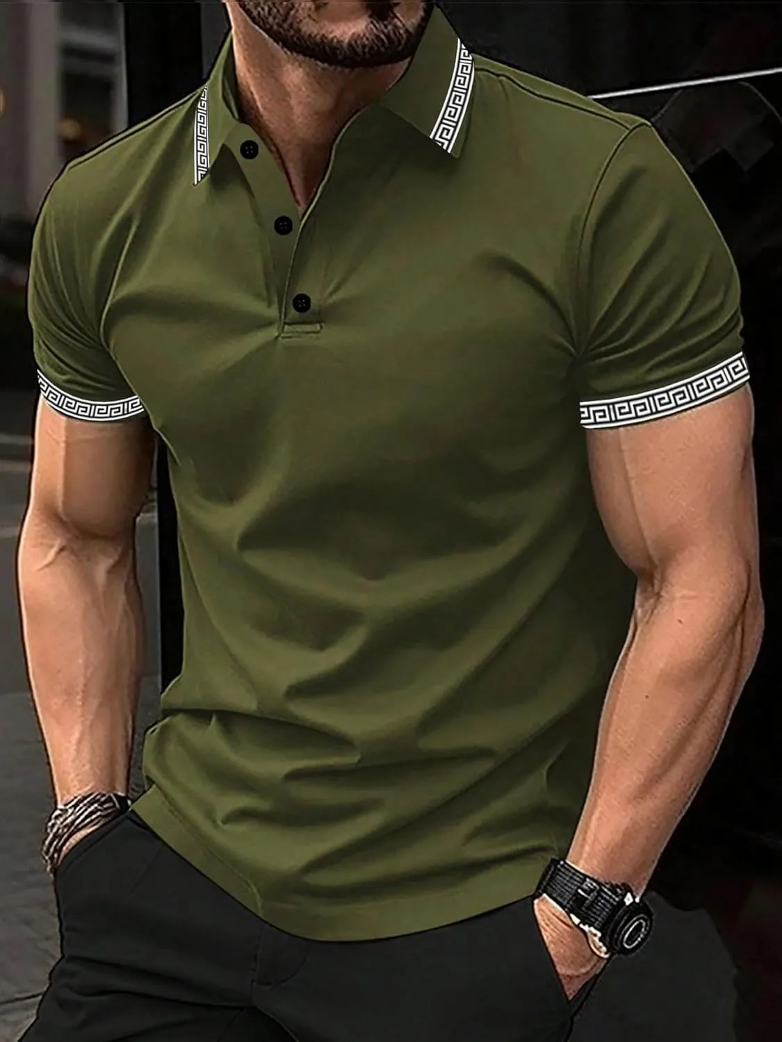 UOUA Mens Casual Polo Shirts Classic Short Sleeve Collared T Shirt Button Golf Slim Fit Tee Tops