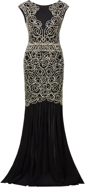 Vijiv 1920s Long Prom Dresses V Neck Beaded Sequin Gatsby Maxi Evening Dress