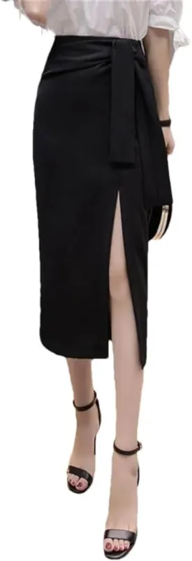 Women Solid High Waist Long Split Office Pencil Skirts