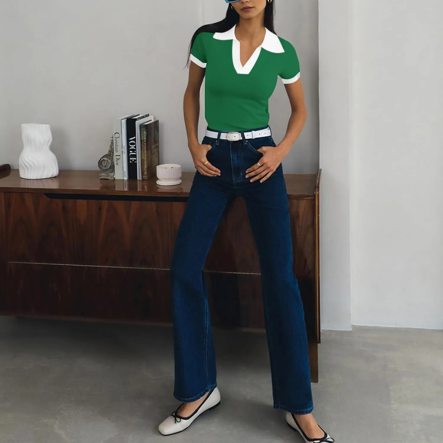 Women's Polo Shirts Casual Short Sleeve V Neck Collared Colorblock Golf Shirt