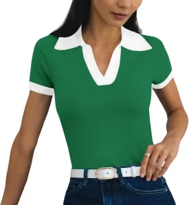 Women's Polo Shirts Casual Short Sleeve V Neck Collared Colorblock Golf Shirt