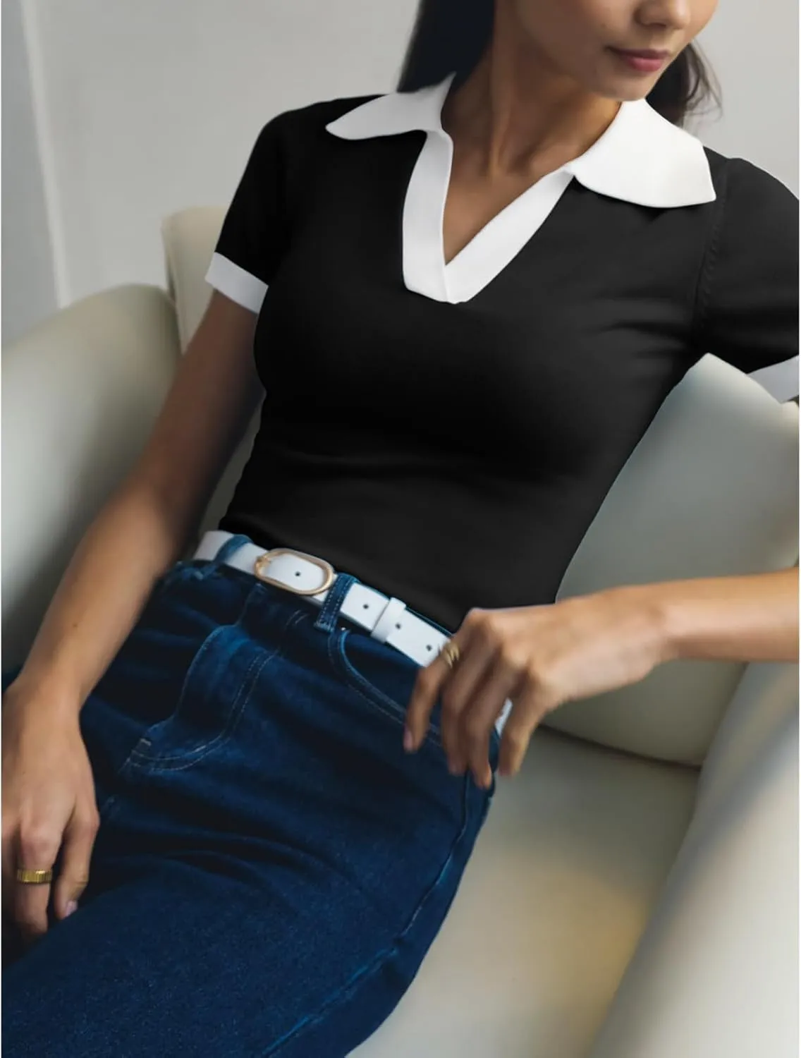 Women's Polo Shirts Casual Short Sleeve V Neck Collared Colorblock Golf Shirt