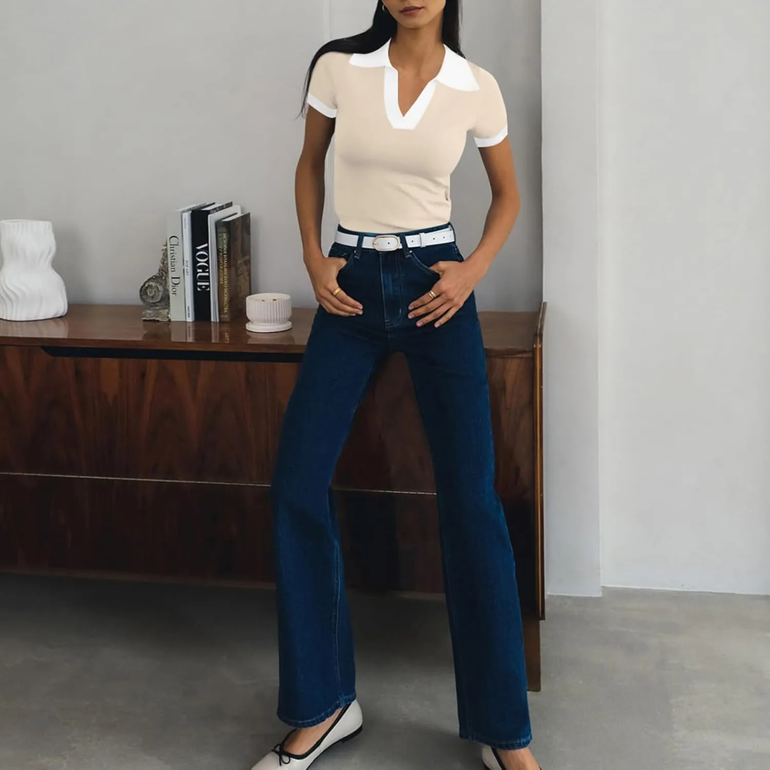 Women's Polo Shirts Casual Short Sleeve V Neck Collared Colorblock Golf Shirt