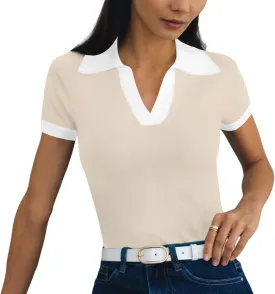Women's Polo Shirts Casual Short Sleeve V Neck Collared Colorblock Golf Shirt