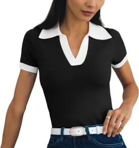 Women's Polo Shirts Casual Short Sleeve V Neck Collared Colorblock Golf Shirt