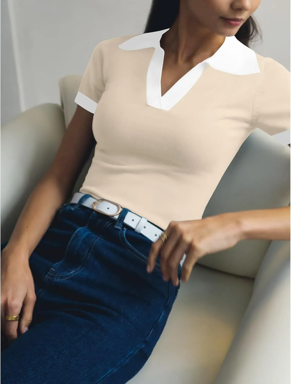 Women's Polo Shirts Casual Short Sleeve V Neck Collared Colorblock Golf Shirt