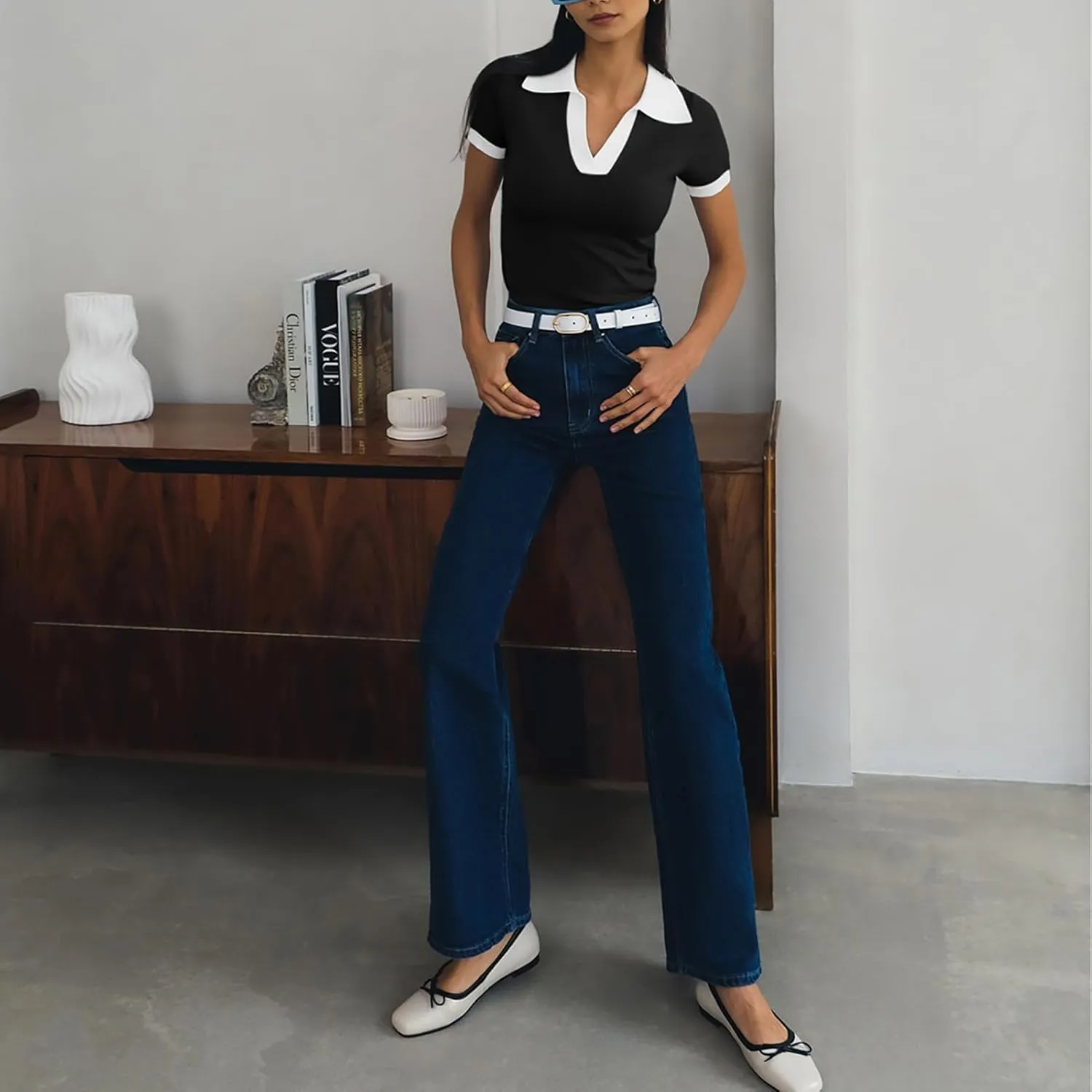 Women's Polo Shirts Casual Short Sleeve V Neck Collared Colorblock Golf Shirt