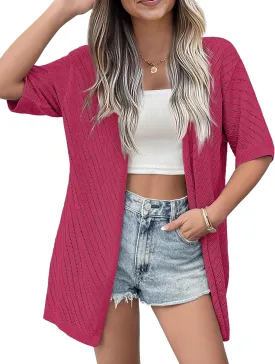 Zeagoo Lightweight Summer Cardigan for Women Short Sleeve V Neck Crochet Kimonos Loose Open Front Hollow Out Cover Ups
