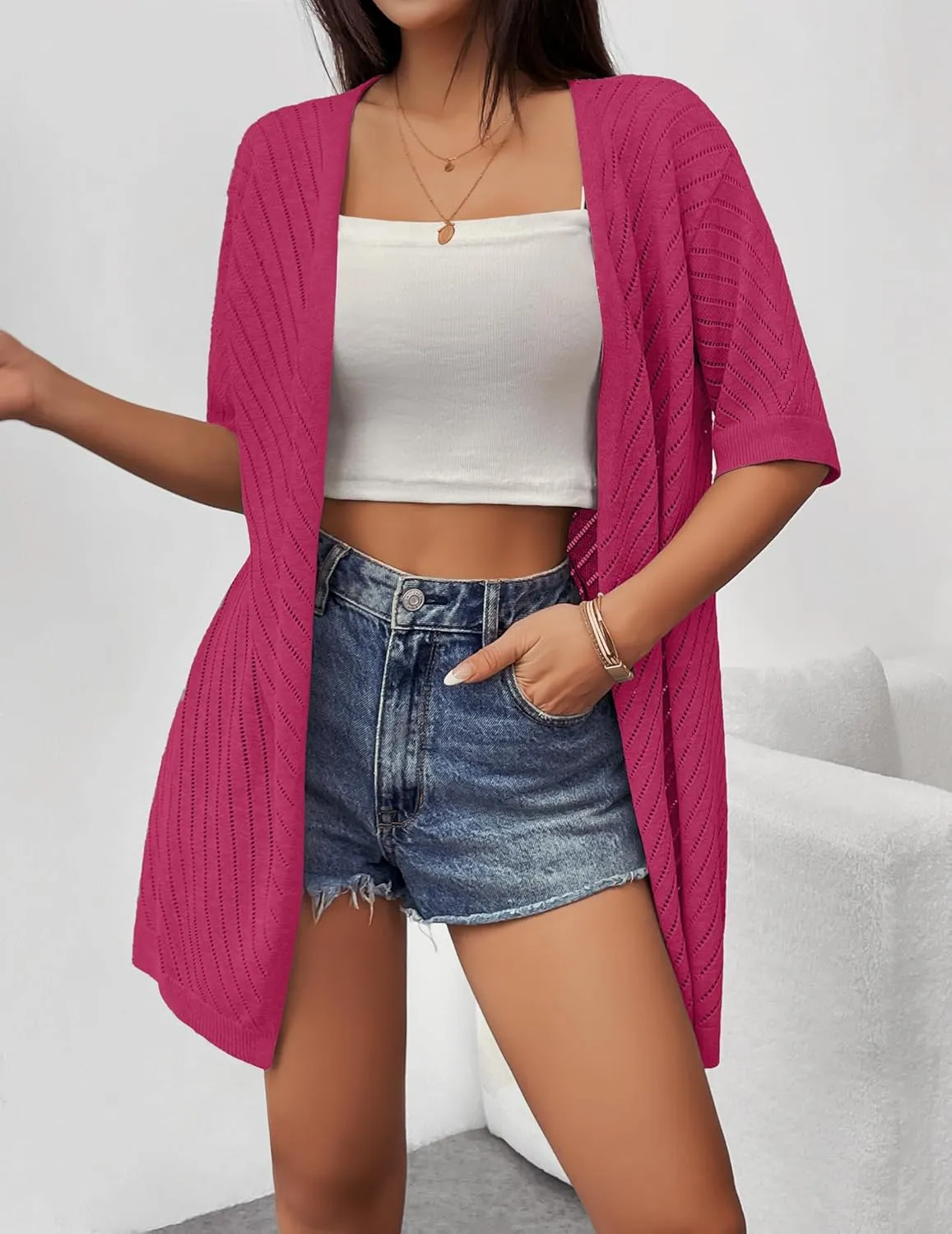 Zeagoo Lightweight Summer Cardigan for Women Short Sleeve V Neck Crochet Kimonos Loose Open Front Hollow Out Cover Ups
