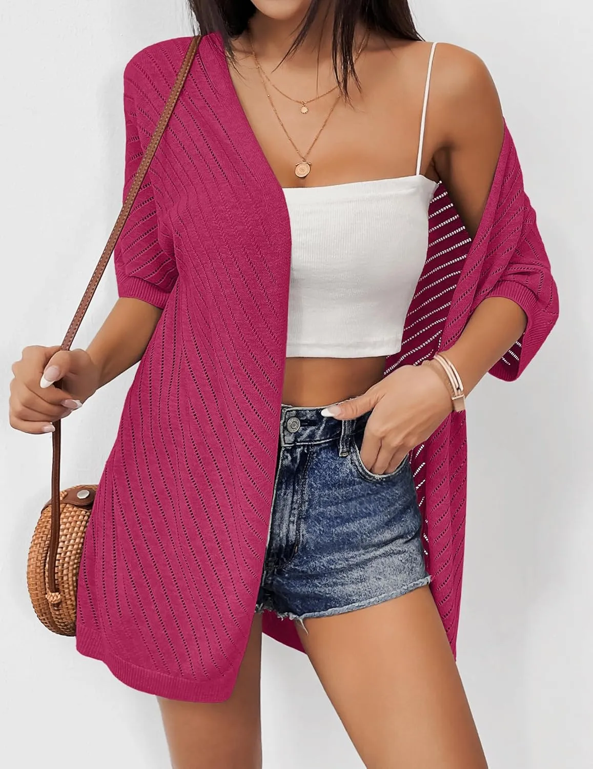 Zeagoo Lightweight Summer Cardigan for Women Short Sleeve V Neck Crochet Kimonos Loose Open Front Hollow Out Cover Ups